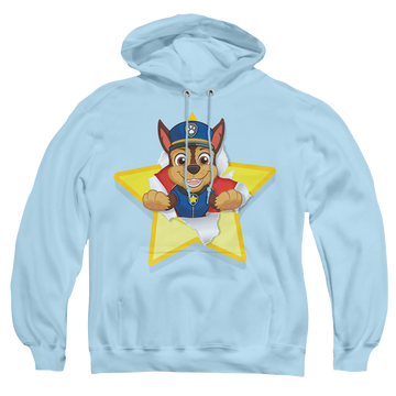 Light blue pullover hoodie with Paw Patrol Chase Torn Star graphic