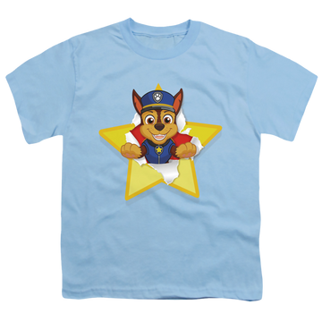 Light blue youth t-shirt for ages 8 to 12 with Paw Patrol Chase Torn Star graphic
