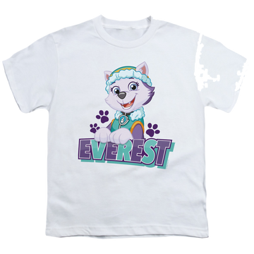 White youth t-shirt for ages 8 to 12 with Paw Patrol Everest graphic