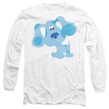 White men's long sleeve t-shirt with Blue's Clues Blue Hug graphic