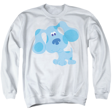 White men's crewneck sweatshirt with Blue's Clues Blue Hug graphic