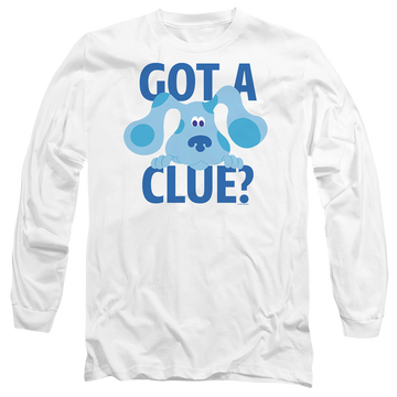 White men's long sleeve t-shirt with Blue's Clues Get A Clue graphic