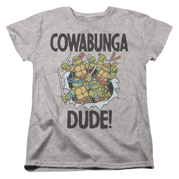 Athletic heather women's t-shirt with Teenage Mutant Ninja Turtles Cowabunga Dude Pf graphic