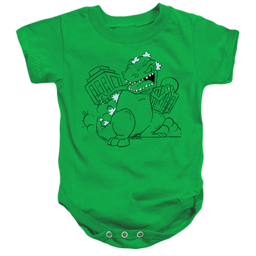 Kelly green baby bodysuit with Rugrats Reptar Destroys City graphic