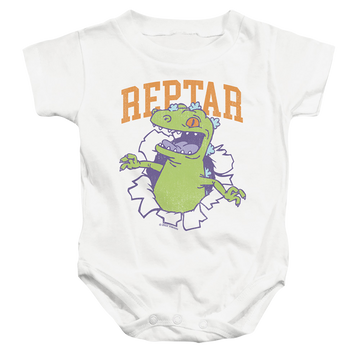 White baby bodysuit with Rugrats Reptar Shirt Rip graphic