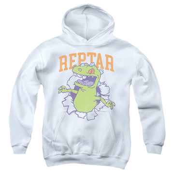 White youth hoodie for ages 8 to 12 with Rugrats Reptar Shirt Rip graphic