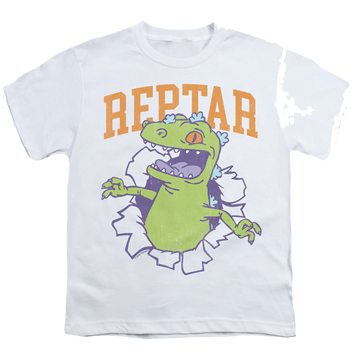 White youth t-shirt for ages 8 to 12 with Rugrats Reptar Shirt Rip graphic