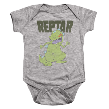 Athletic heather baby bodysuit with Rugrats Reptar Big graphic
