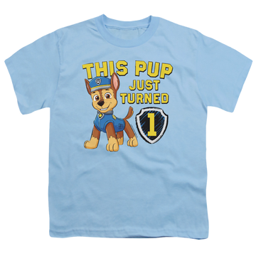Light blue youth t-shirt for ages 8 to 12 with Paw Patrol This Pup's Birthday graphic