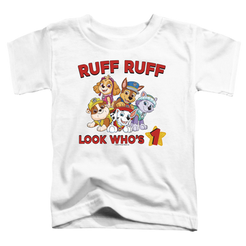 White toddler t-shirt with Paw Patrol Ruff Birthday graphic