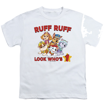 White youth t-shirt for ages 8 to 12 with Paw Patrol Ruff Birthday graphic