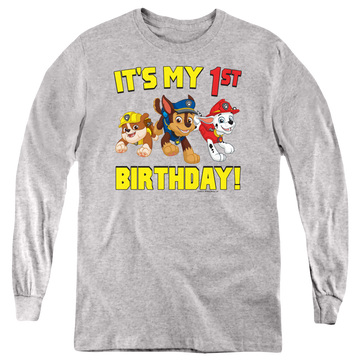 Athletic heather youth long sleeve t-shirt with Paw Patrol Group Happy Birthday graphic