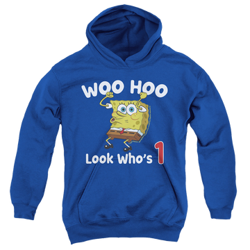 Royal youth hoodie for ages 8 to 12 with SpongeBob SquarePants Woo Hoo Birthday graphic