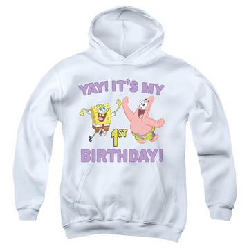White youth hoodie for ages 8 to 12 with SpongeBob SquarePants Yay Birthday graphic