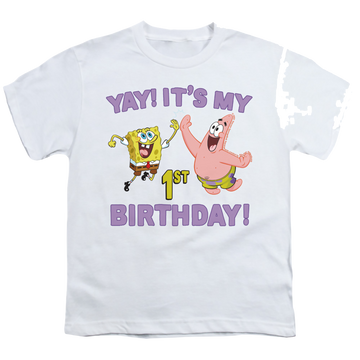 White youth t-shirt for ages 8 to 12 with SpongeBob SquarePants Yay Birthday graphic