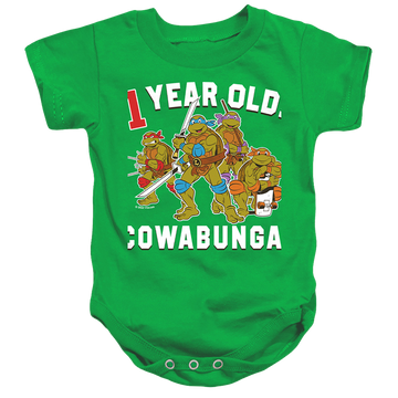 Kelly green baby bodysuit with Teenage Mutant Ninja Turtles Cowabunga Birthday graphic