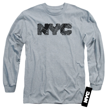 Athletic heather men's long sleeve t-shirt with New York City NYC Map Fill graphic