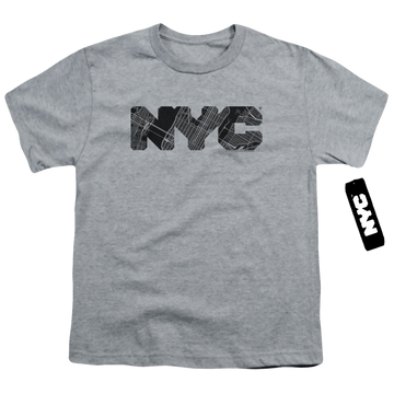 Athletic heather youth t-shirt for ages 8 to 12 with New York City NYC Map Fill graphic