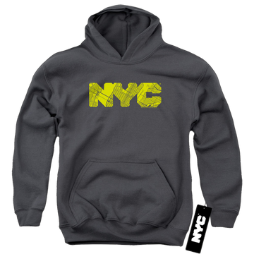 Charcoal youth hoodie for ages 8 to 12 with New York City NYC Map Fill graphic