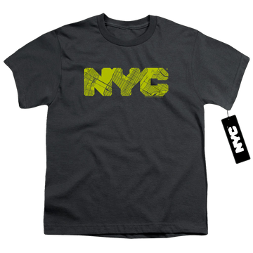 Charcoal youth t-shirt for ages 8 to 12 with New York City NYC Map Fill graphic