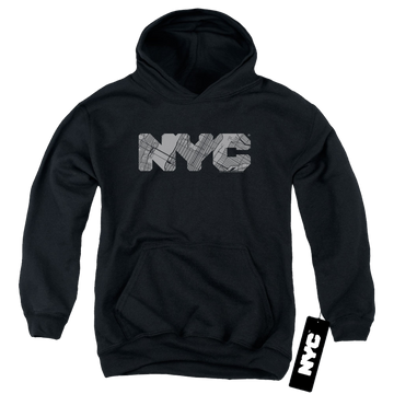 Black youth hoodie for ages 8 to 12 with New York City NYC Map Fill graphic