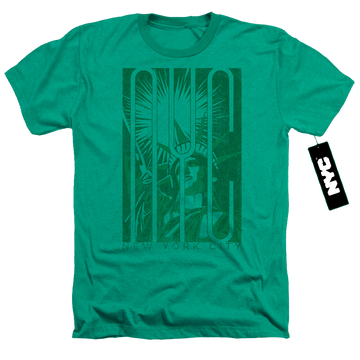 Kelly green men's heather t-shirt with New York City Liberty graphic