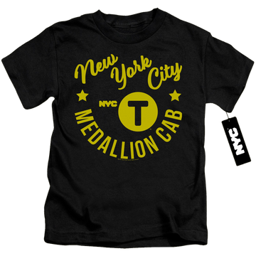 Black kid's t-shirt for ages 4 to 7 with New York City NYC Hipster Taxi Tee graphic