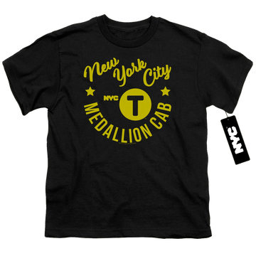 Black youth t-shirt for ages 8 to 12 with New York City NYC Hipster Taxi Tee graphic