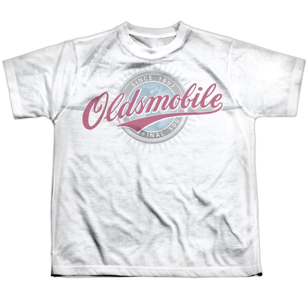Oldsmobile - Oversized And Faded Logo Youth All Over Print 100% Poly T-Shirt Youth All-Over Print T-Shirt (Ages 8-12) Oldsmobile Youth All Over Print 100% Poly T-Shirt S Multi