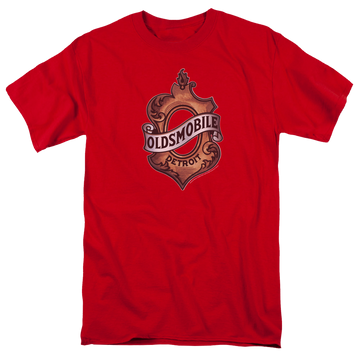 Red men's regular fit t-shirt with Oldsmobile Detroit Emblem graphic