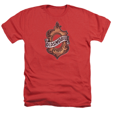 Red men's heather t-shirt with Oldsmobile Detroit Emblem graphic
