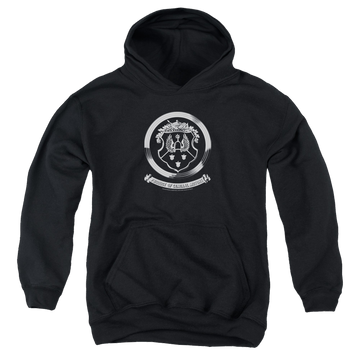 Black youth hoodie for ages 8 to 12 with Oldsmobile 1930s Crest Emblem graphic