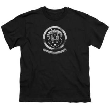 Black youth t-shirt for ages 8 to 12 with Oldsmobile 1930s Crest Emblem graphic