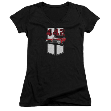 Black juniors v-neck t-shirt with Oldsmobile 442 graphic