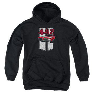 Black youth hoodie for ages 8 to 12 with Oldsmobile 442 graphic