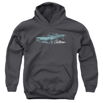 Charcoal youth hoodie for ages 8 to 12 with Oldsmobile 68 Cutlass graphic