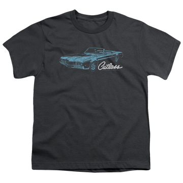 Charcoal youth t-shirt for ages 8 to 12 with Oldsmobile 68 Cutlass graphic