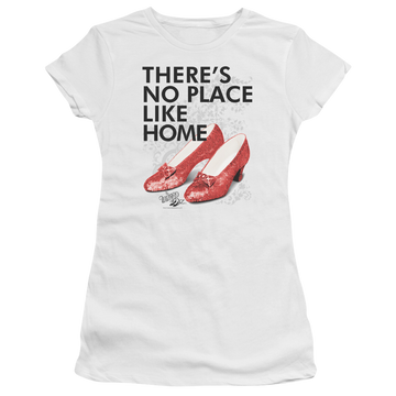 White juniors t-shirt with Wizard of Oz No Place Like Home graphic