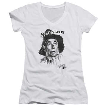 White juniors v-neck t-shirt with Wizard of Oz Brainless graphic