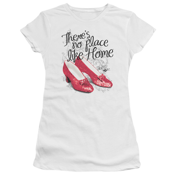 White juniors t-shirt with Wizard of Oz Ruby Slippers graphic