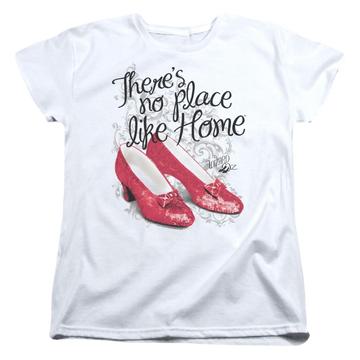White women's t-shirt with Wizard of Oz Ruby Slippers graphic