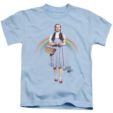 Light blue kid's t-shirt for ages 4 to 7 with Wizard of Oz Over The Rainbow graphic