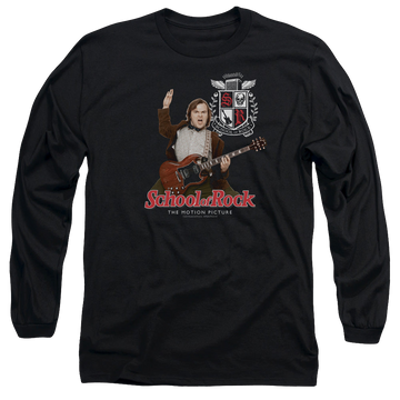 Black men's long sleeve t-shirt with School of Rock The Teacher Is In graphic