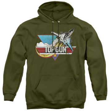 Military green pullover hoodie with Top Gun Distressed Logo graphic