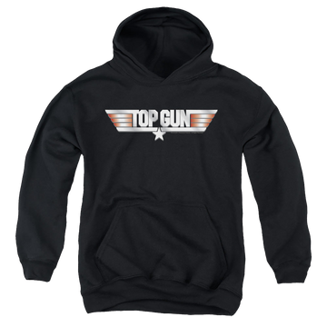 Black youth hoodie for ages 8 to 12 with Top Gun Logo graphic