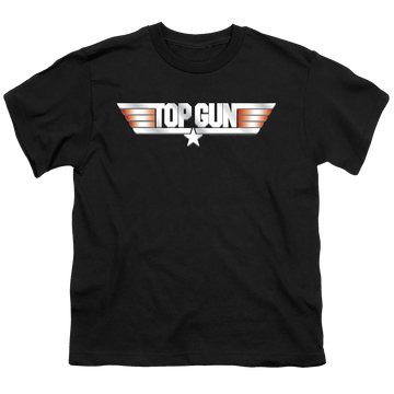 Black youth t-shirt for ages 8 to 12 with Top Gun Logo graphic