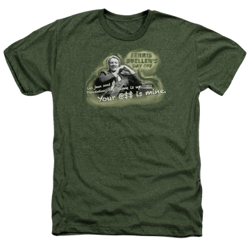 Military green men's heather t-shirt with Ferris Bueller's Day Off Mr. Rooney graphic