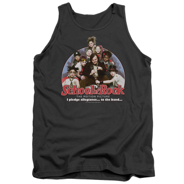 Charcoal men's tank with School of Rock I Pledge Allegiance graphic
