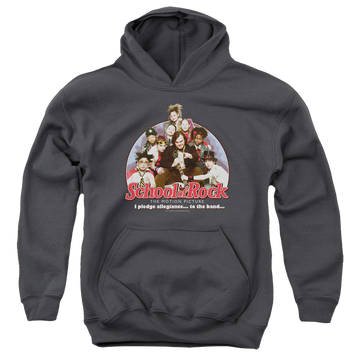 Charcoal youth hoodie for ages 8 to 12 with School of Rock I Pledge Allegiance graphic