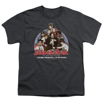 Charcoal youth t-shirt for ages 8 to 12 with School of Rock I Pledge Allegiance graphic